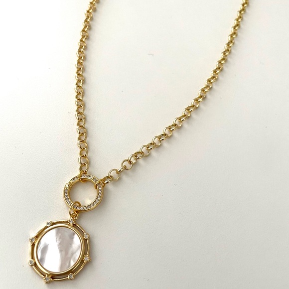 Gold Rolo Belcher Chain Pearl Coin Pendant Necklace Shell Medallion Charm Holder - Picture 7 of 7